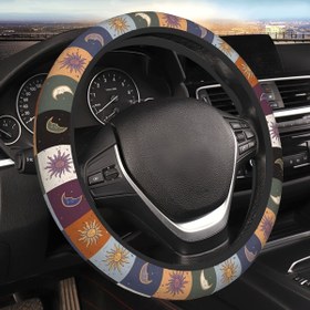Resim 38.1 cm Yıldız ve Ay Desenli Direksiyon Kılıfı - Kaymaz Neopren Araba Aksesuarı Erkekler & Kadınlar için, Ay Fazları ve Yıldızlarla Canlı Göksel Tasarım, Geliştirilmiş Konfor ve Kontrol için Yumuşak Tutuş 