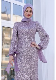 Resim Raika Moda Parıltılı Kol Detaylı Şimal Tesettür Büyük Abiye Lavanta 