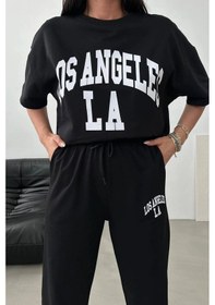 Resim Los Angeles T-shirt Eşofman Altı Jogger- Siyah Baskılı Alt Üst Eşofman Takım Oversize Bisiklet Yaka Siyah-32470 