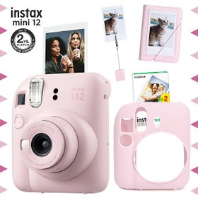 Resim Instax mini 12 Mavi Fotoğraf Makinesi-20'li Film-Kıskaçlı Stand-PVC Albüm ve Simli Pleksi Kılıf Seti 