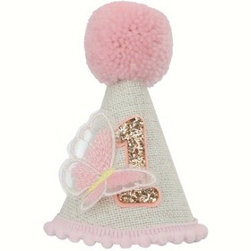 Resim El Yapımı Boho Pembe Konik Şapka Altın Numara 1 & Kelebek - Doğum Günü Partileri, Yaratıcı Hediyeler ve Oda Dekoru için Mükemmel 