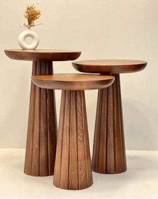 Resim Simillo Ahşap Mantar Sehpa 3 Lü Set Koyu Ceviz Renkli Masif Doğal Zigon Ve Fiskos Sehpa Takımı Koyu Ceviz 