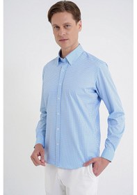 Resim Slim Fit Yaka Düğmeli Baskılı Pamuklu Mavi Gömlek G 1605 