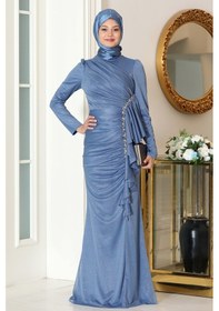 Resim Raika Moda Parıltılı Fırfır Detaylı Zühre Tesettür Abiye İndigo 