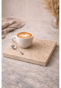 Resim Doğal Traverten Mermer Sunumluk & Çok Amaçlı Tepsi 25 X 20 Cm El Yapımı Premium Servis Tepsisi Bej 