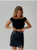 Resim Rayyona Deri Mini Eteği Siyah, Yırtma Detaylı 205545873 Siyah 