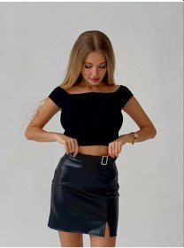 Resim Rayyona Deri Mini Eteği Siyah, Yırtma Detaylı 205545873 Siyah 