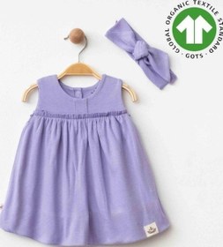 Resim Zekids Kız Bebek Organik Pamuklu Bandanalı Kolsuz Elbise-15906 Mor 