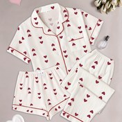 Resim 3 Adet Kadın Pijama Takımı, Kalp Baskılı Rahat Polyester Kısa Kollu Gömlek, Fiyonklu Kravat, Şort ve Uzun Pantolon, Yetişkinler İçin Her Mevsim Uyku Giysileri 