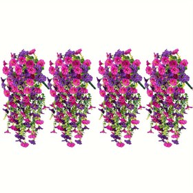 Resim 4 Adet Yapay Sabah Zaferi Asılı Çiçekler - Canlı Mor Pembe Beyaz Yeşil Plastik Sahte Asma Bitki Buketi Düğün Ev Bahçe İç Mekan Dış Mekan Yaz Dekoru için, Bakım Gerektirmeyen Anneler Günü Süslemesi, Yapay Dış Mekan Çiçekleri 