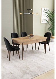 Resim Ikon Meşe Desen 80x132 Mdf Açılabilir Yemek Masası Takımı 4 Adet Sandalye Siyah 