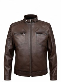 Resim VELZANA Erkek Kuzu Derisi Deri Ceket Kahverengi - Slim Fit, Fermuarlı, Kapitone Omuz Detay 
