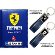 Resim Plakanıza Özel Ferrari Logolu Lacivert Ruhsat Kabı Ve Anahtarlık 