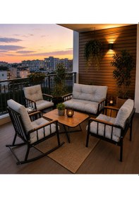 Resim Liva Nesta Konfor Kırpık Dolgulu Bahçe Balkon Seti Siyah Metal İskelet Sallanır Koltuklu Takım Açık Gri 