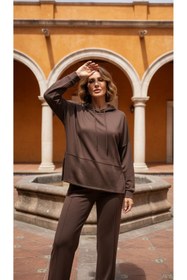 Resim Moda Banuş Kapüşonlu Modal Kumaş Boru Paça Kahverengi Oversize Eşofman Takımı 
