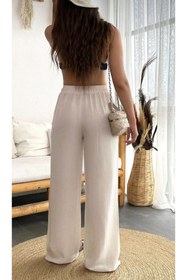 Resim jsshop collection HAWAİİ Kadın Keten Beli Lastik Bağlamalı Yüksek Bel Geniş Kesim Cepli Yazlık Pantolon 