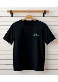Resim Dağ Özel Tasarım Baskılı Unisex T-shirt - Cep Detaylı Tişört Siyah 