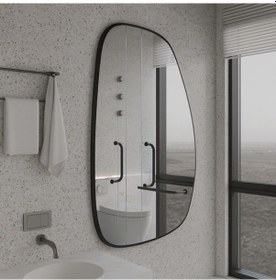Resim 60x96 Cm Modern Organik Form Banyo Aynası Siyah Çerçeveli Asimetrik Duvar Aynası Minimalist Şık Dekor Ayna Siyah 