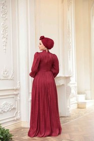 Resim N.S NEVA STYLE Boncuk Detaylı Bordo Tesettür Abiye Elbise 52751BR 