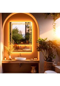 Resim Solrae Amber Led'li Lazer Kumlamalı Lavabo & Banyo Aynası Dokunmatik Sensörlü 65 X 90 Cm Turuncu 