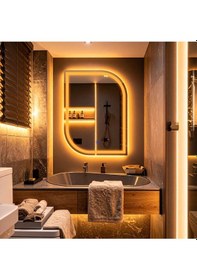 Resim Curva Amber Led'li Kumlamalı Lavabo & Banyo Aynası Dokunmatik Sensörlü 100 X 75 Cm Turuncu 