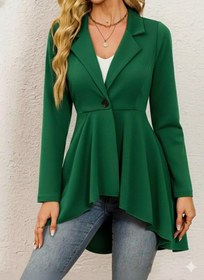 Resim Kadın Uzun Kollu Yakalı önden Düğmeli Uzun Atlas Blazer Ceket - Yeşil / 2XL-3XL 