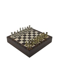 Resim Gifthome Orta Boy Parlak Metal Klasik Satranç Takımı Ve Ceviz Desenli Sandıklı Mdf Tahtası 30x30x6 Cm. 