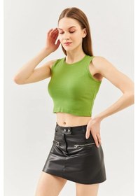 Resim Butikgiz Kadın Sıfır Kol Bisiklet Yaka Vücuda Oturan %100 Pamuklu Kaşkorse Esnek Crop Bluz Çimen Yeşili 
