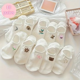 Resim Kadınlar İçin 10 Adet Sevimli Hayvan Baskılı Görünmez Çorap, Yaz İnce Alçak Kesim Örgü Kumaş, Polyester Malzeme, El Yıkama veya Profesyonel Kuru Temizlik Bakım Talimatları, Miktar: 10 
