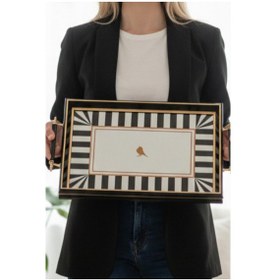 Resim Siyah Çerçeveli Kuş Motifli Lüks Sunum Tepsisi - 44x30 Cm Diğer 