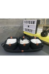 Resim Sevdam Sepet Siyah Üçlü Banyo Sepet Set + Ip Tepsi, Dekoratif Sepet, Pamukluk, Pamuk Sepeti, Kulak Çöpü Sepeti 