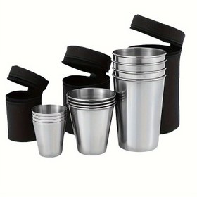 Resim 5'li Set 304 Paslanmaz Çelik Taşınabilir Kırilmaz Yığınlanabilir Metal Bardaklar Siyah Kılıf ile 