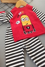 Resim Kırmızı Hi Yazılı% 100 Pamuk Bebek Ve Çocuk Pijama Takımı 