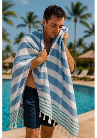 Resim Çizgili Peştemal Plaj Havlusu %100 Pamuk Yıkanmış 100x180 Cm Marenza Mavi 