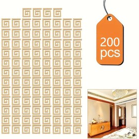 Resim 200 Adet, Altın Geometrik Desenli Akrilik Duvar Stickerları, Kırılmaz Kendinden Yapışkanlı Köşe ve Tavan Çıkartmaları, Yatak Odası Oturma Odası Banyo Mutfak TV Arka Plan Dekoru için Yunan Anahtar Tasarımlı Kenar Süslemeleri 