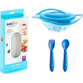 Resim Babyjem Cam Rende + Dökülmeyen Tabak Mavi + Mama Kaşık Çatal Takımı Mavi 