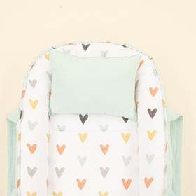 Resim Babynest ve Yastık - Çift Taraflı - Su Yeşili Muslin - Kalpler 