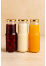 Resim 3 Adet 1 Litre Şeffaf Sürahi Süt, Ayran, Su, Limonata, Meşrubat Şişesi Metal Gold Kapaklı Cam Şişe Çok Renkli 