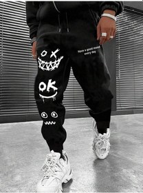 Resim Cartoon & Slogan Graphic Drawstring Waist Eşofman Altı Siyah 