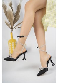 Resim Bulutmod Siyah Kadın Saten Bilekten Bağlamalı Taşlı Fiyonklu Siyah 