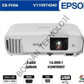 Resim Epson EB-FH06 1920X1080 Full HD 3500 Lümen UHE 16.000:1 HDMI+USB/VGA Projeksiyon Cihazı V11H974040 