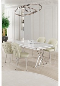 Resim Canisa Rigel Serisi 80x130 Lak Panel Beyaz Mermer Desen Masa Takımı Krom Ayaklı 4 Krem Sandalye Beyaz Mermer Desen Masa Sandalyeler Krem 