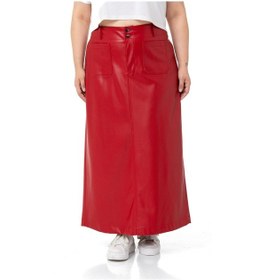 Resim Büyük Beden Yırtmaç Detaylı Cepli Uzun Kırmızı Deri Etek-kırmızı Kırmızı 