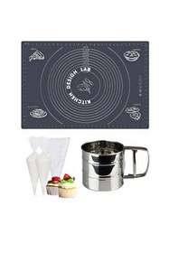 Resim Kitchen Design Lab 45x65 CM Gri Silikon Hamur Açma Matı Çelik Un Eleği Ve Kullan At Krema Sıkma Torbası Seti 