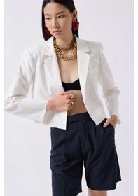 Resim Crop Keten Blazer Ceket Beyaz 