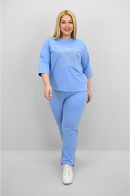 Resim Koza Butik Kadın Büyük Beden Kısa Kollu Çiçek İşlemeli Eşofman Takımı 8199-25 