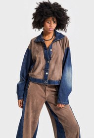 Resim Kadın Kahve Kot Rengi Süet Denim Parçalı Özel Tasarım Denim Ceket - Kahve / XS 