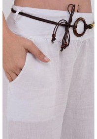 Resim İtalyan Korsajlı Tokalı Kemerli Bol Paçalı Keten Pantolon-9887 Beyaz 
