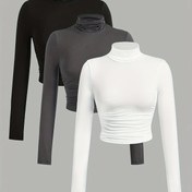 Resim 3 adet Kadın Yüksek Yaka Uzun Kollu Turtleneck Üstler - Düz Renk, Ruched Tasarım, Sonbahar/Kış için Rahat ve Şık, Siyah, Beyaz, Gri 