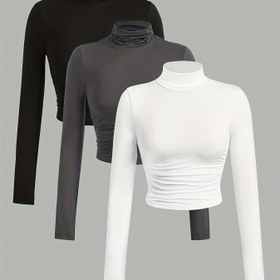 Resim 3 adet Kadın Yüksek Yaka Uzun Kollu Turtleneck Üstler - Düz Renk, Ruched Tasarım, Sonbahar/Kış için Rahat ve Şık, Siyah, Beyaz, Gri 